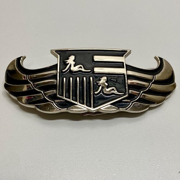 Cadillac 187 INC. Belt Buckle Bottle Opener Tool 5” Chrome Black Winged Logo Vtg - Picture 7 of 14